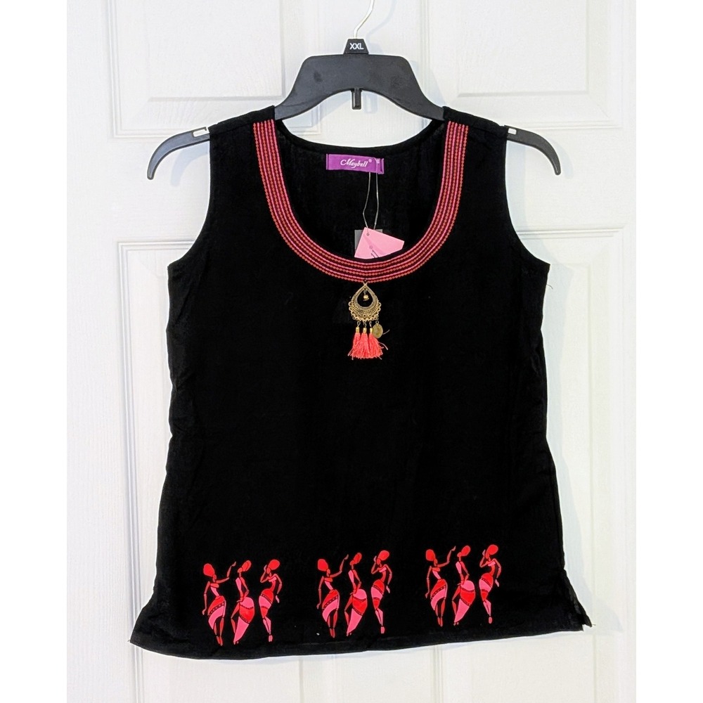 Maybell Sleeveless Top Embroidered Accent Boho Chic Blouse Black Size S NWT